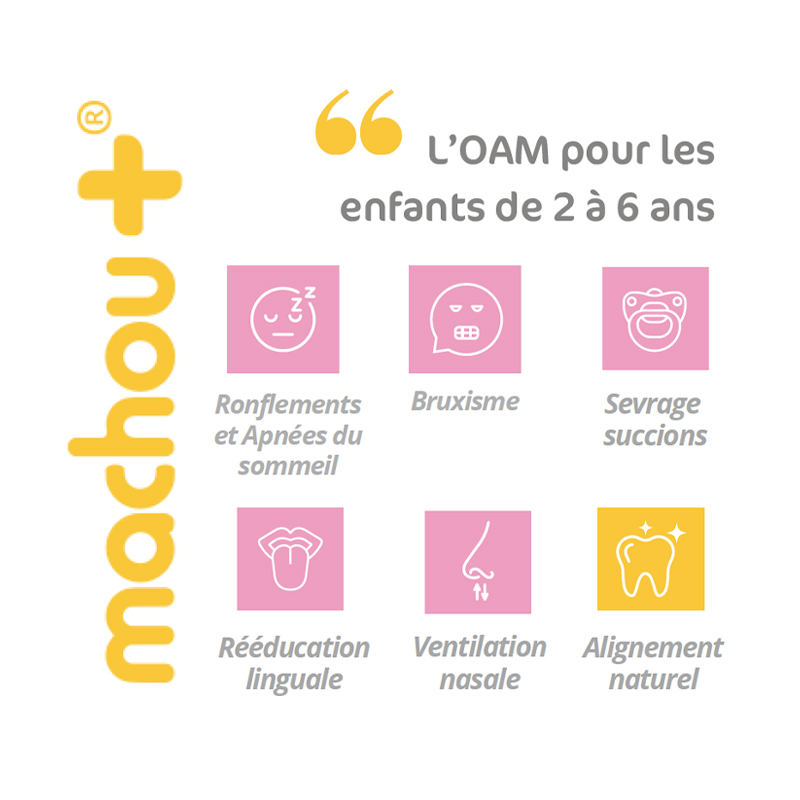 Bienfaits du machou+ OAM pour les enfants de 2 à 6 ans : ronflements, apnée du sommeil, sevrage du pouce, bruxisme, respiration nasale, alignement dentaire