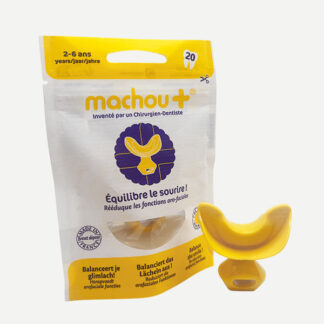 Gouttière dentaire machou+ coloris jaune banane pour le sevrage du pouce, rééducation linguale, grincements dentaires et ronflements chez l'enfant de 2 à 6 ans