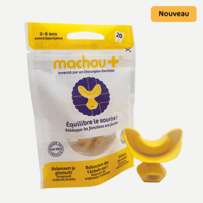 Gouttière dentaire machou+ coloris jaune banane pour le sevrage du pouce, rééducation linguale, grincements dentaires et ronflements chez l'enfant de 2 à 6 ans